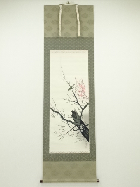 JAPANESE HANGING SCROLL / HAND PAINTED / UME BLOSSOM WITH NIGHTINGALE 